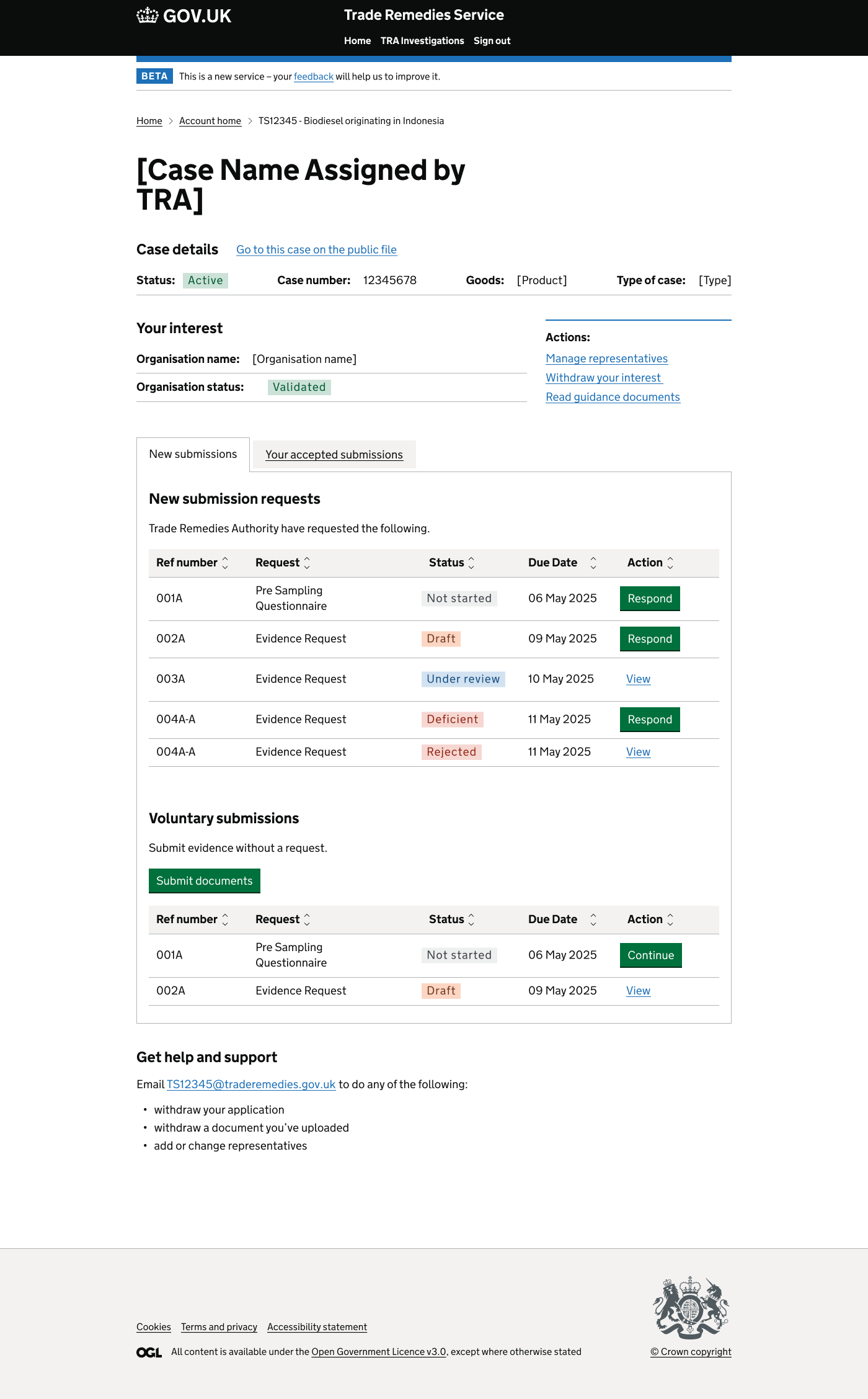 TRA account home case overview with validated status