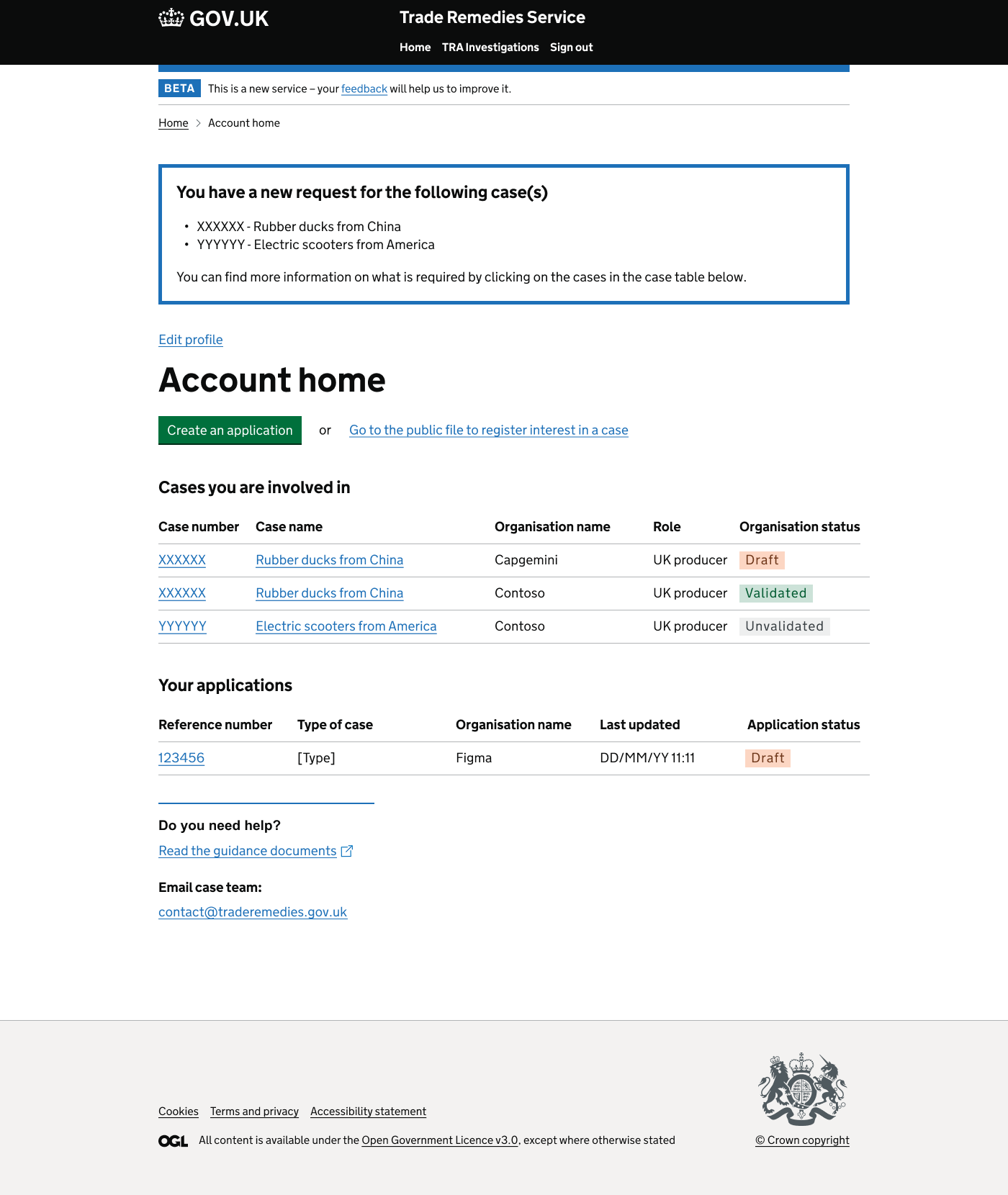 Draft applications dashboard for Trade Remedies Authority